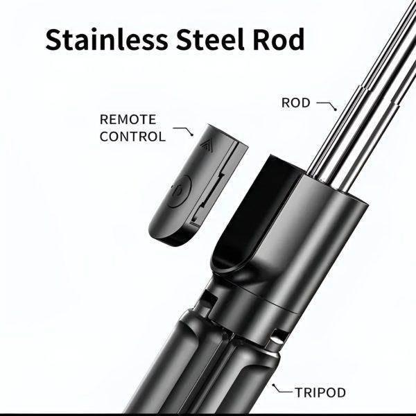 A compact, black 4-in-1 selfie stick tripod with an extended phone holder and built-in LED fill light.