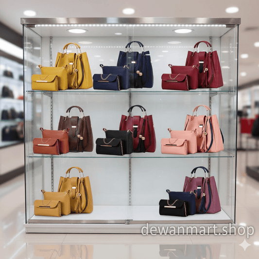 A stylish pink women's PU leather handbag set, showing a tote bag and a crossbody bag placed side-by-side.