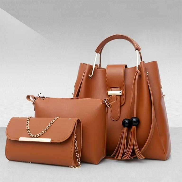Women's PU Leather Plain Hand Bag Set