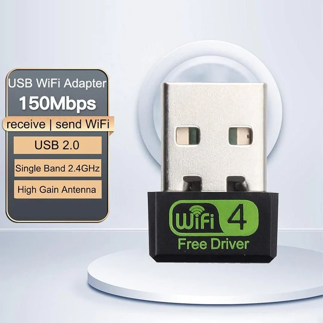 A small, white 150Mbps wireless USB adapter plugged into the side of a laptop computer.