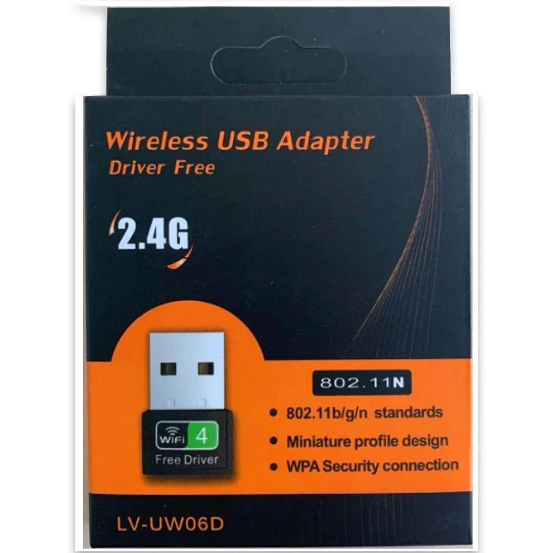 A small, white 150Mbps wireless USB adapter plugged into the side of a laptop computer.