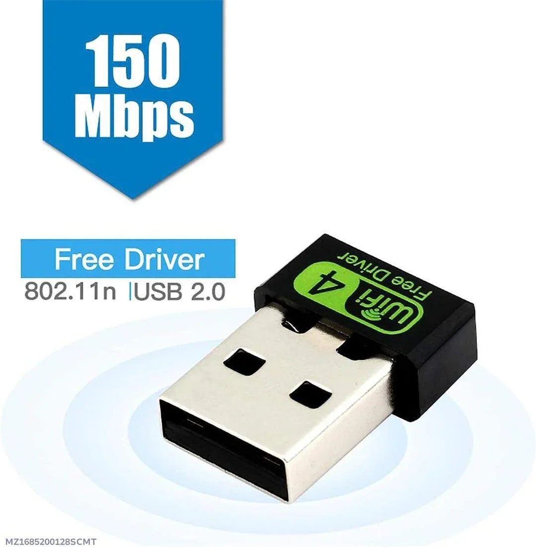 A small, white 150Mbps wireless USB adapter plugged into the side of a laptop computer.