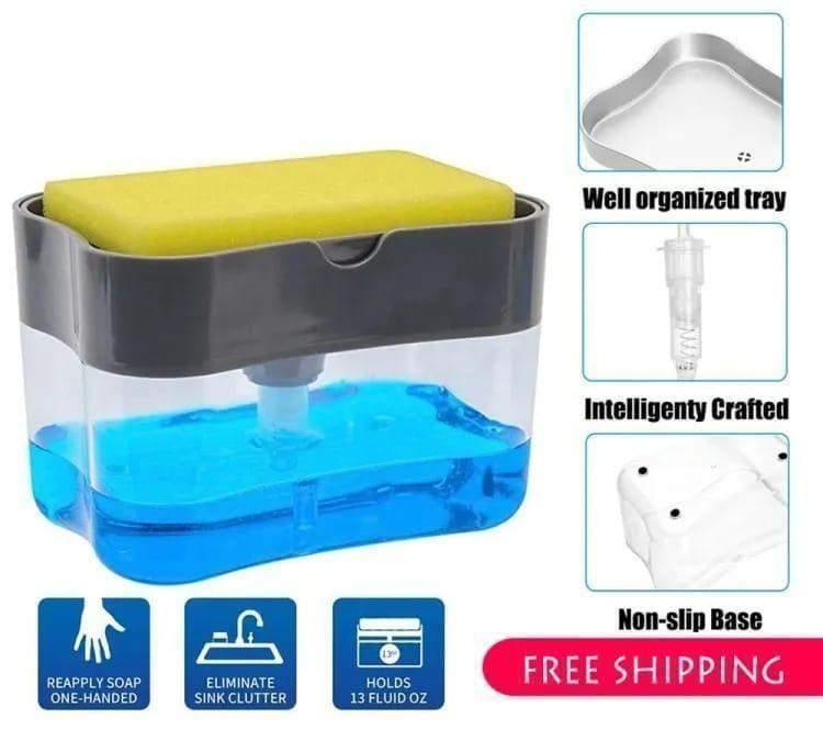 Plastic soap dispenser with sponge holder, clear blue reservoir, non-slip base, and organized tray for kitchen or bathroom use