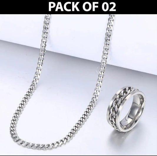 Minimalist plain silver chain necklace with matching ring on a jewelry display