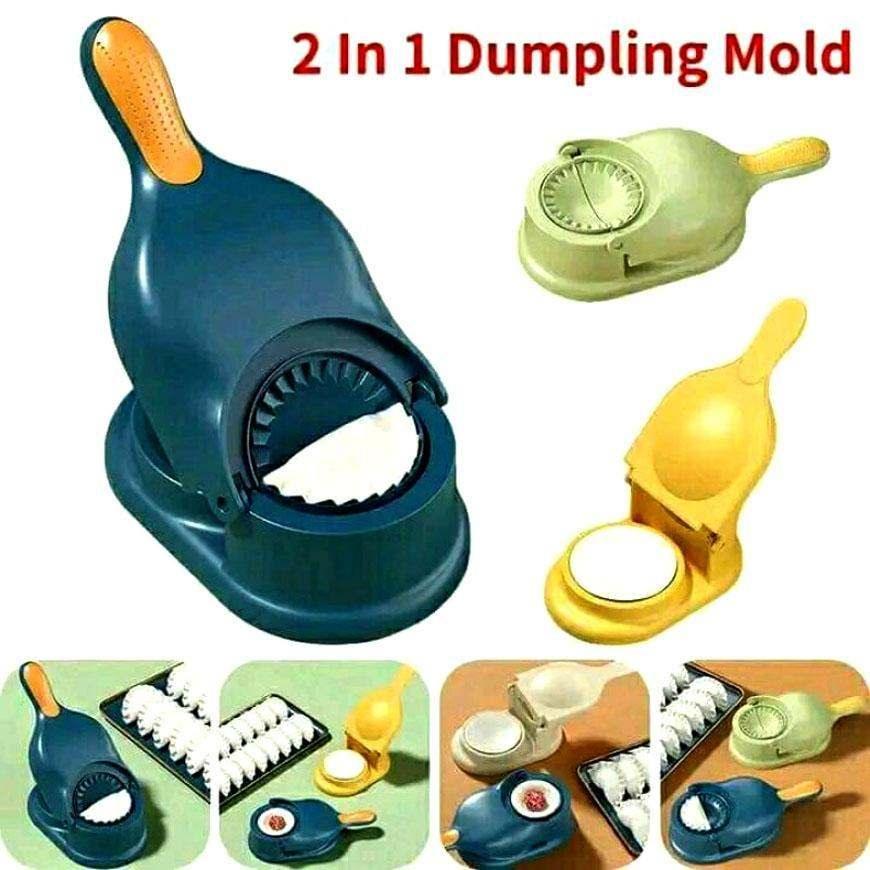 2-in-1 dumpling wrapper tool mold in blue and yellow ABS plastic for quick filling, folding, and sealing dumplings, ravioli, and empanadas