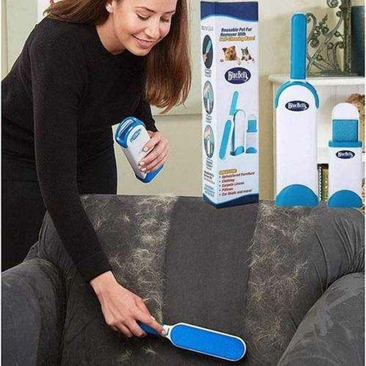 Reusable Dog and Cat Fur Remover tool being used on a fabric sofa to pick up pet hair.