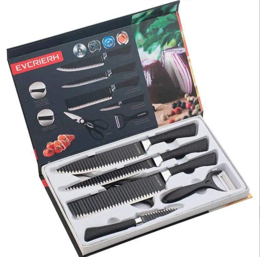 6-piece wave pattern sharp chef's knife set with high-grade stainless steel blades and ergonomic black handles in a gift box