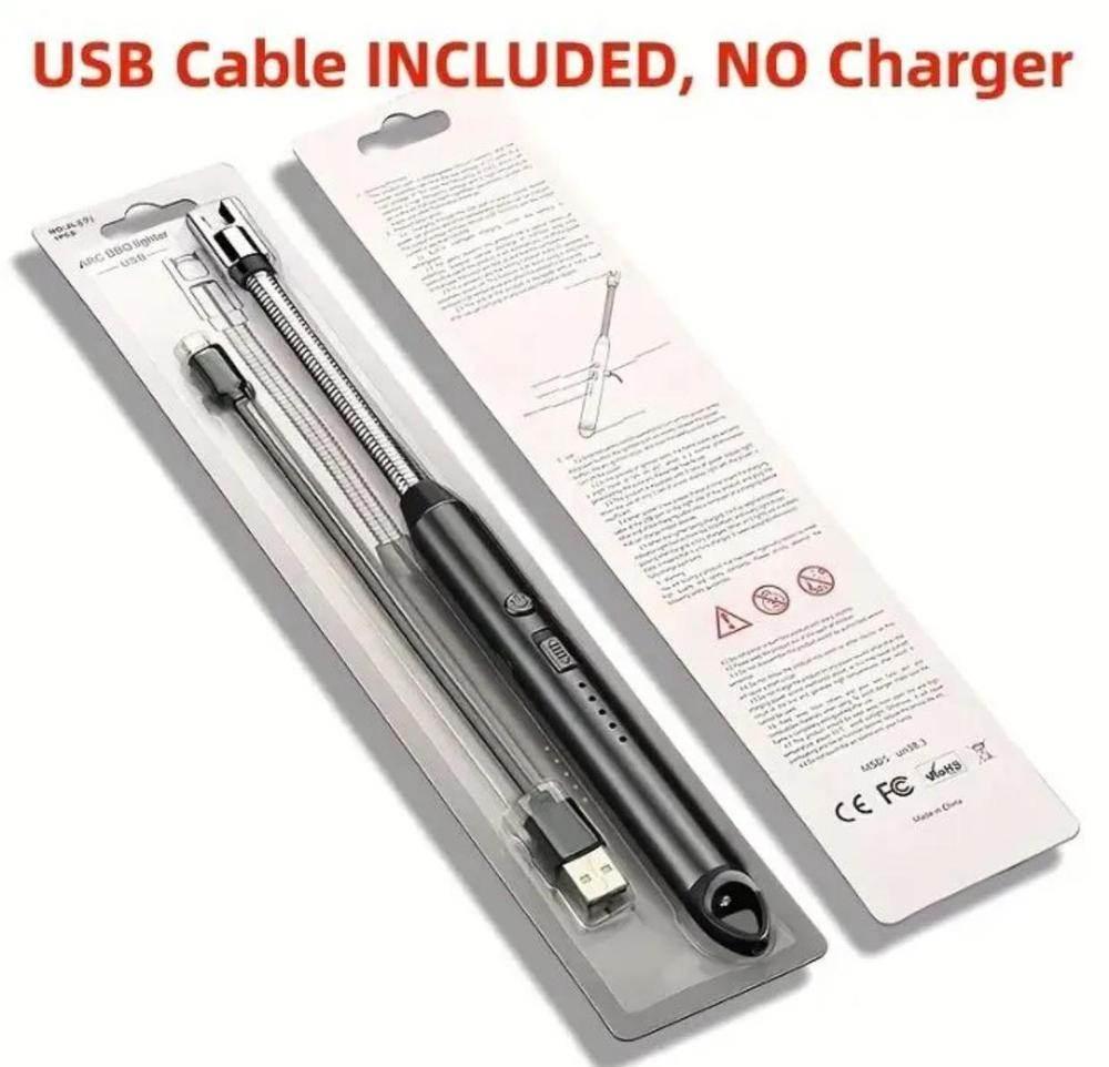 USB rechargeable electric lighter with windproof flameless arc and included USB charging cable in black metal design