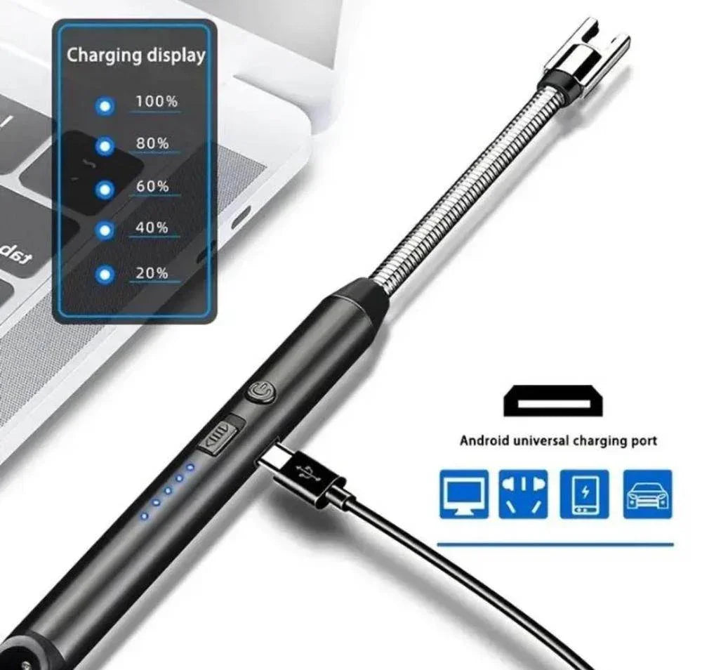 Black USB rechargeable electric lighter with flexible neck, charging indicators, and USB cable connected to laptop port