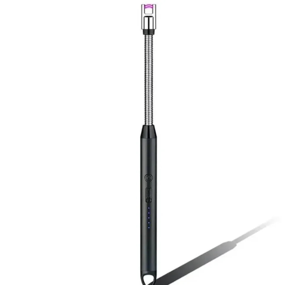 USB rechargeable electric lighter with flexible neck, windproof flameless arc, and black metal body