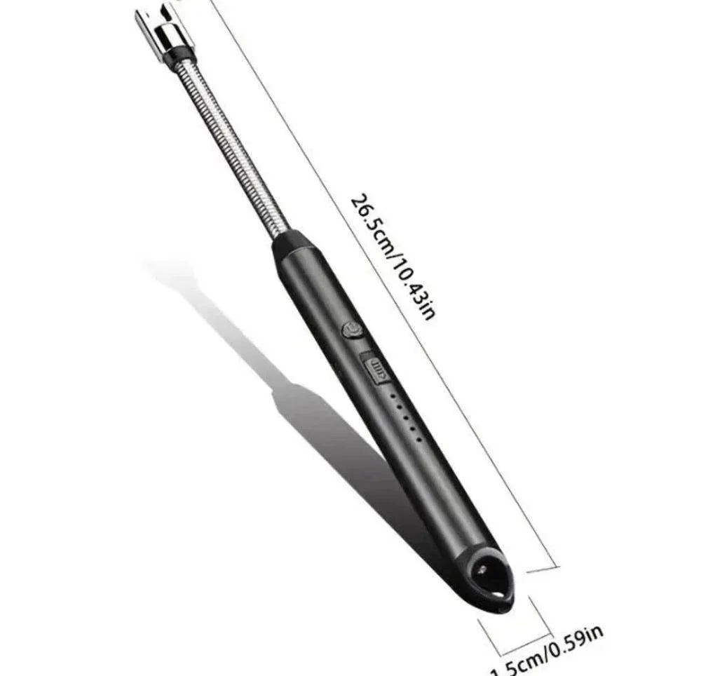 Black USB rechargeable electric lighter with flexible neck, metal body, and safety buttons, 26.5 cm long, flameless and windproof design