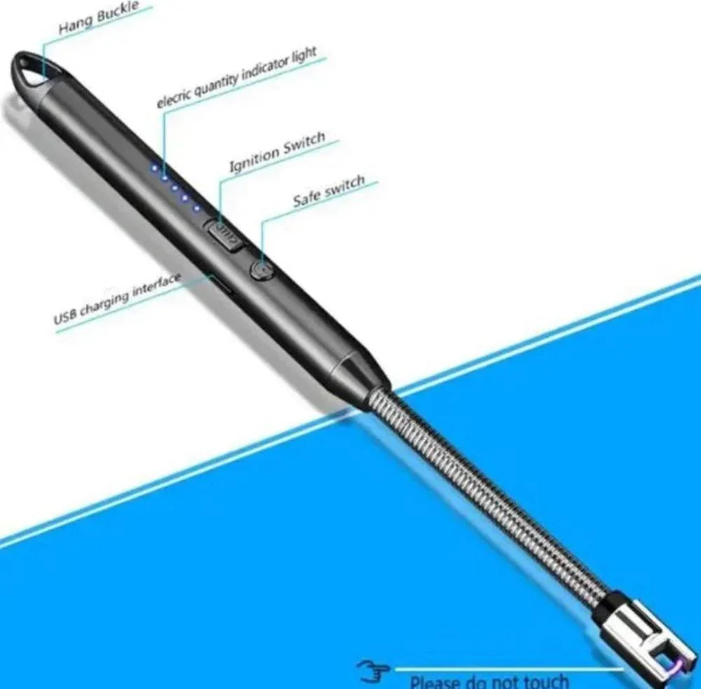 Black USB rechargeable electric lighter with flexible neck, ignition and safety switches, and battery indicator lights, windproof and flameless metal arc design