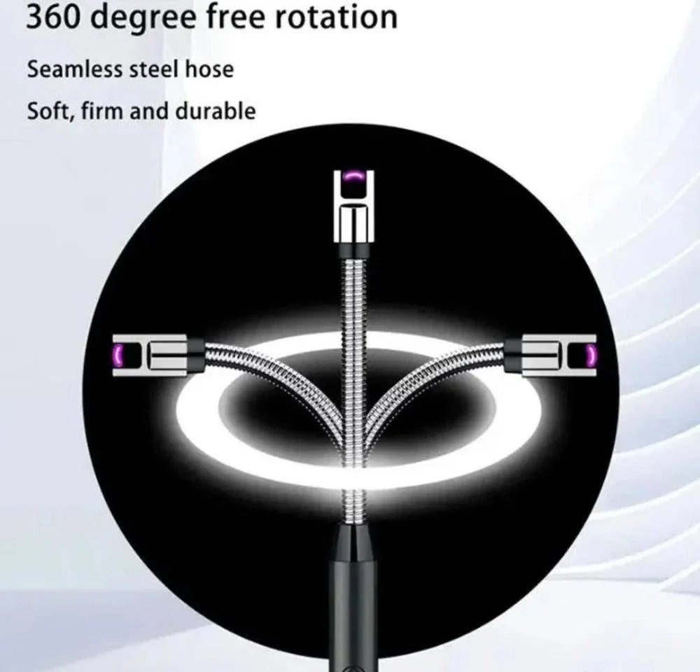 USB rechargeable electric lighter with 360-degree rotating flexible metal hose and flameless arc ignition in black