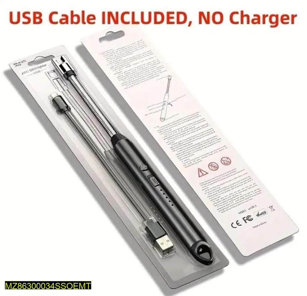 USB rechargeable electric lighter with windproof flameless metal arc and included USB charging cable in black packaging