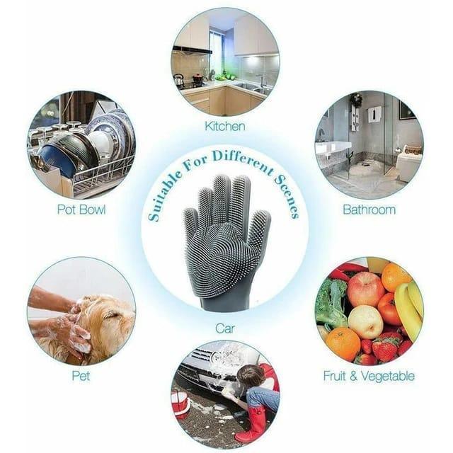 Automatic dish washing gloves with built-in silicone bristles for versatile cleaning in kitchen, bathroom, car, pet care, and fruit washing.