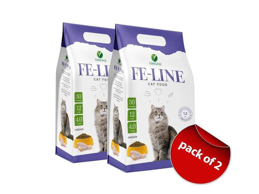 Feline Adult Dry Cat Food, two 1.2 kg bags featuring a chicken flavor for adult cats.